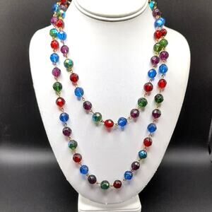 Vintage Multicolored Glass Bead Necklace,  Green Red Blue Purple Beads, 42 Inch
